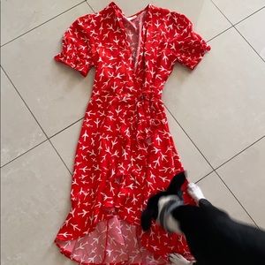 Short sleeve ruffle wrap dress in paper planes